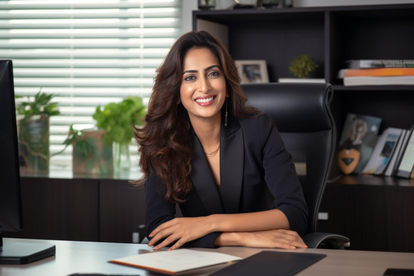 Confident Indian businesswoman posing at desk in modern home office