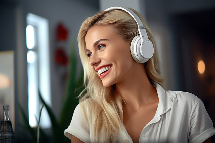 Smiling white woman with headphones at hom