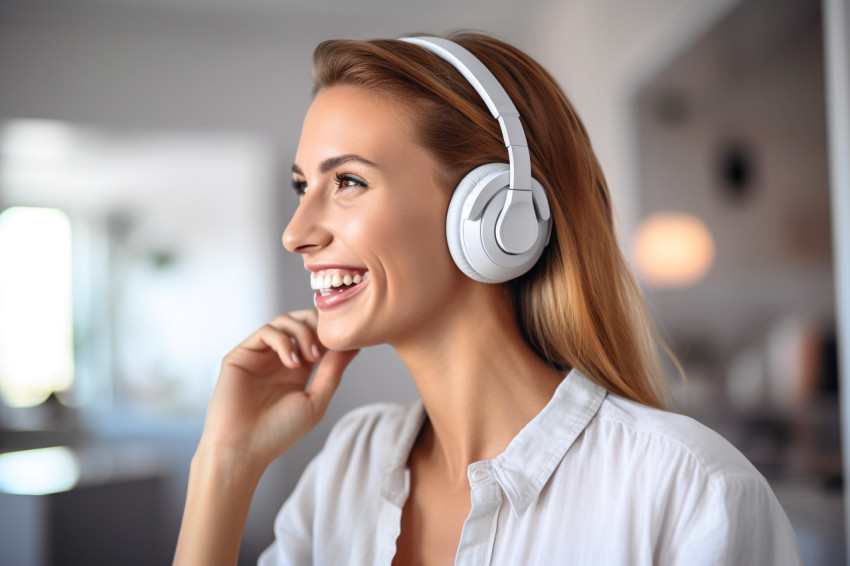 Smiling white woman with headphones at hom