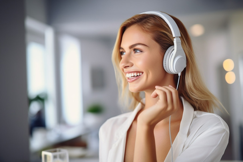 Smiling white woman with headphones at hom