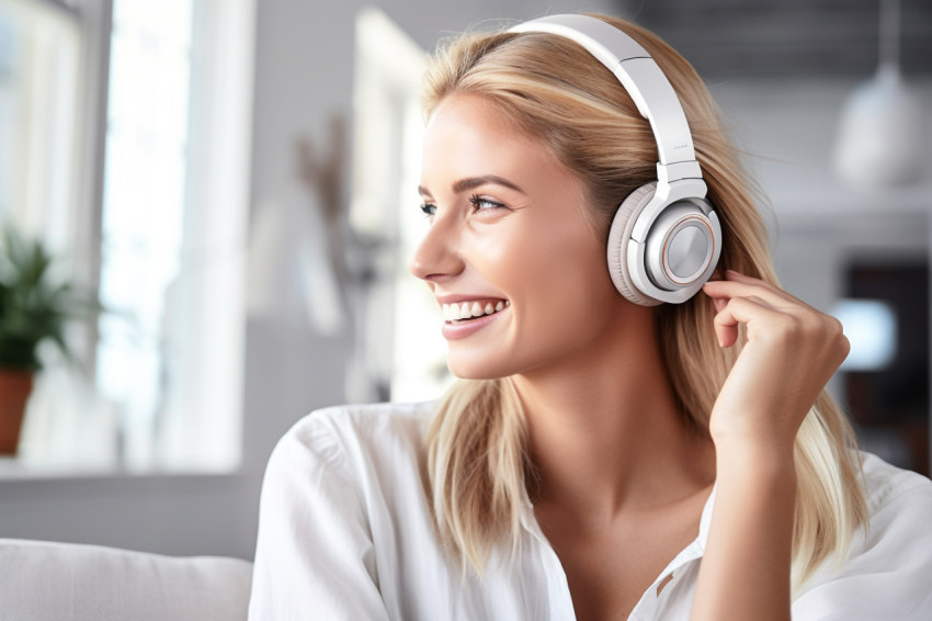 Smiling white woman with headphones at hom