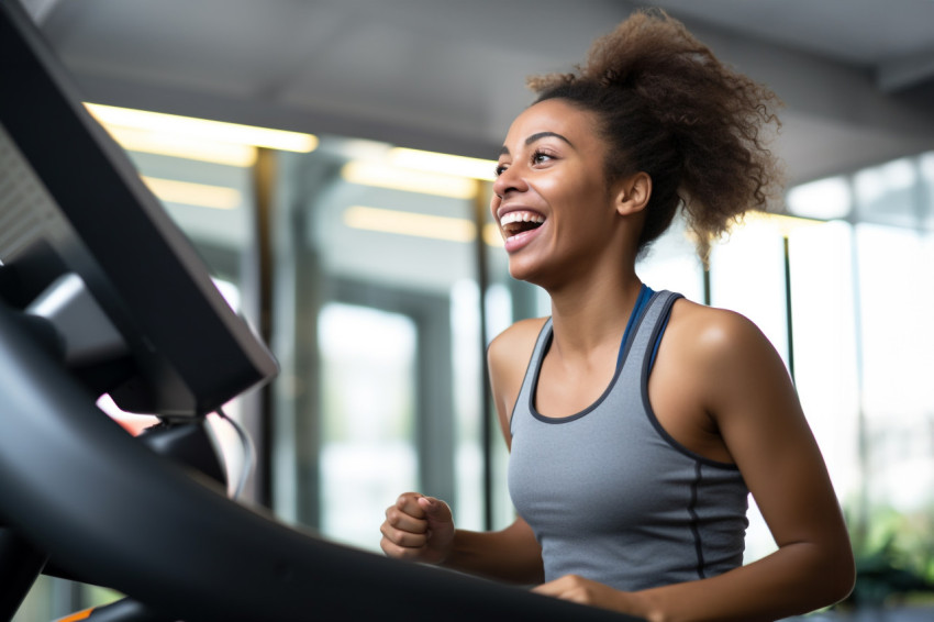 Happy Black athlete jogging on treadmill at gym