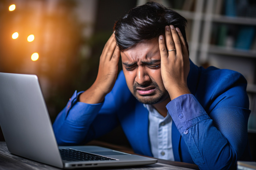 Indian businessman with headache in home office