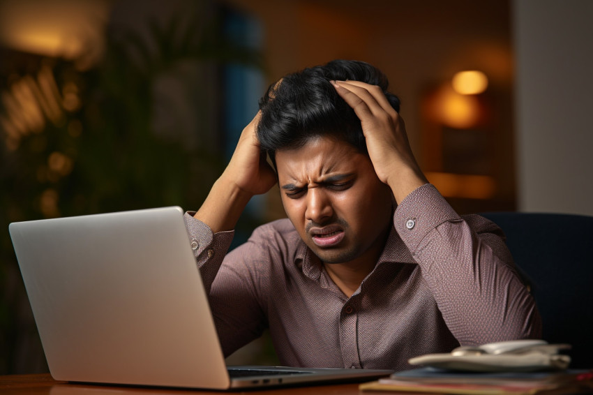 Indian businessman with headache in home office