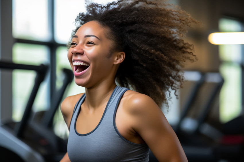 Happy Black athlete jogging on treadmill at gym