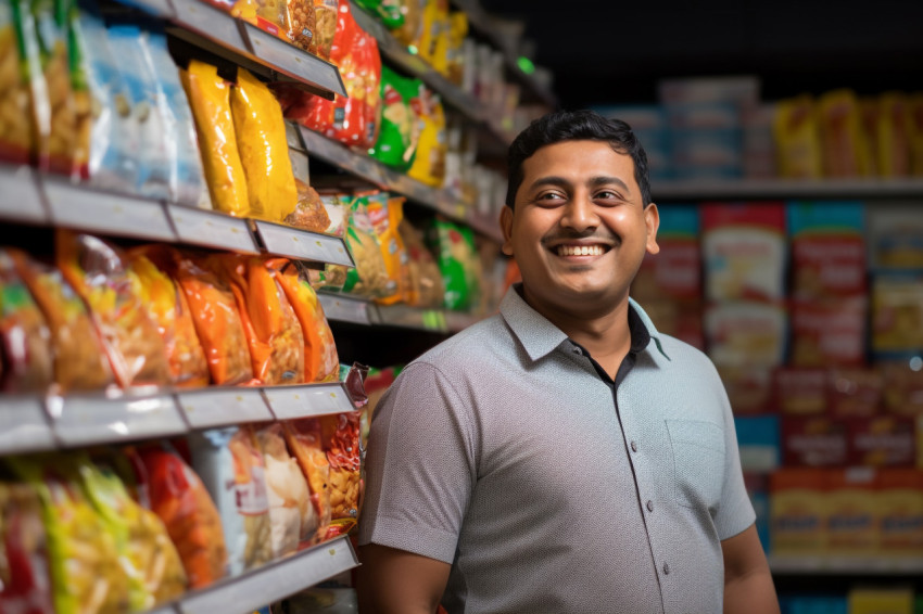 Happy Indian man at grocery store