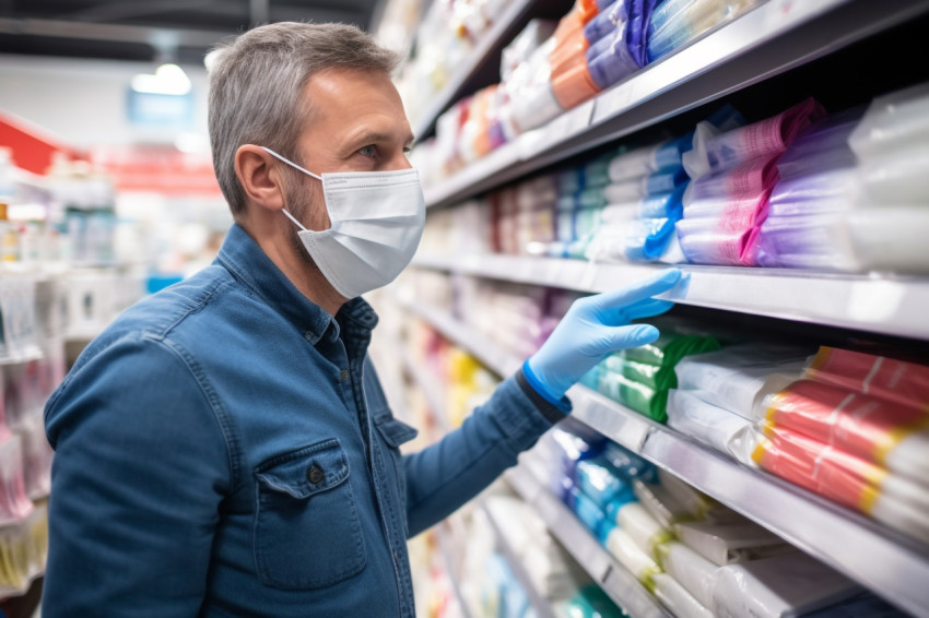 A photo of a white man wearing face mask in a grocery store