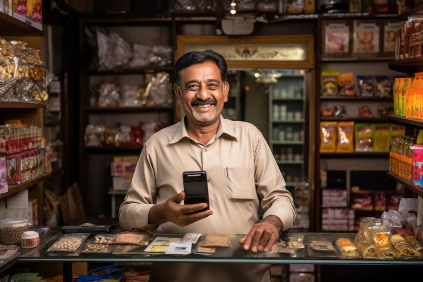 Photo of Indian shopkeeper showing phone to camera