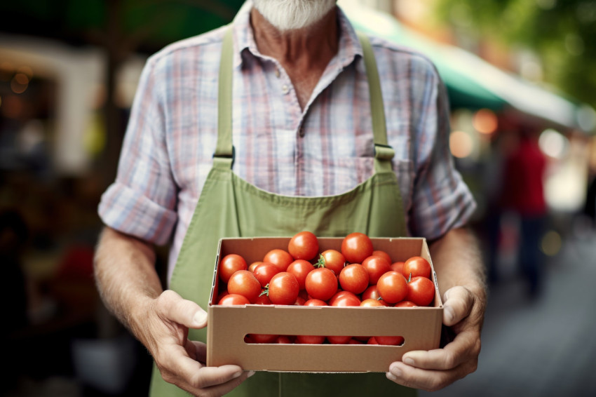 Smiling senior man selling apples at farmers market