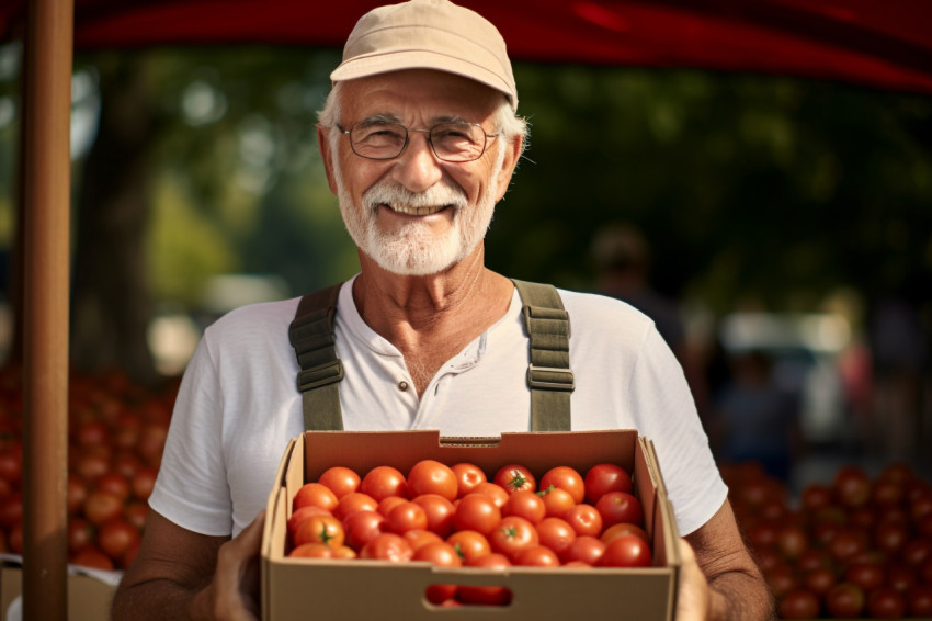 Smiling senior man selling apples at farmers market