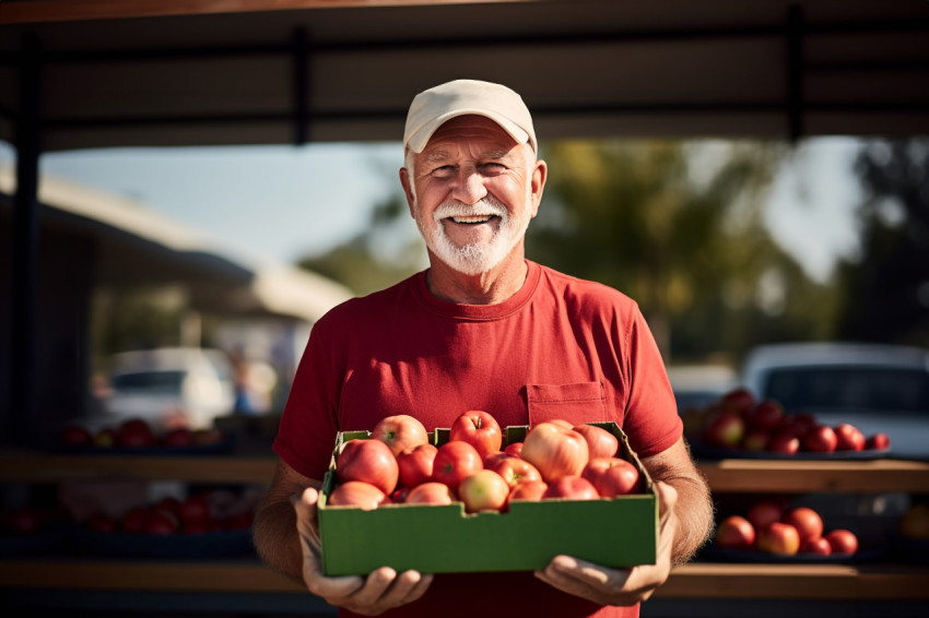 Smiling senior man selling apples at farmers market