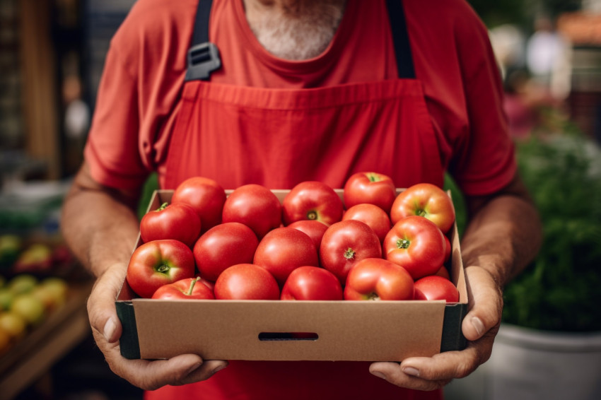 Smiling senior man selling apples at farmers market