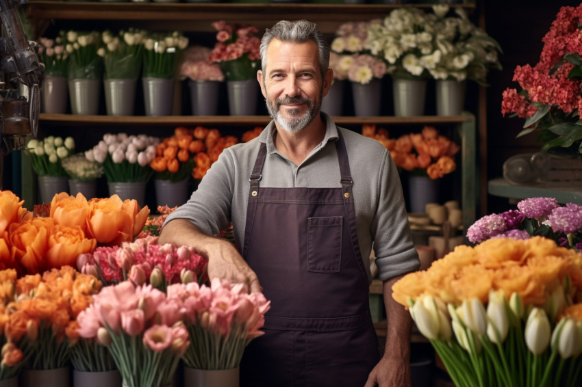 Male florist stands among flowers in flower shop