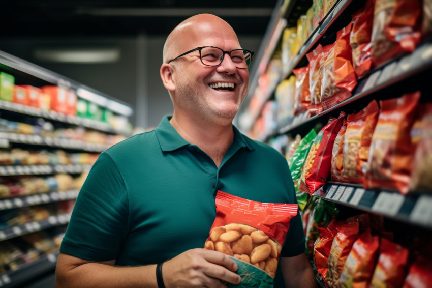 Smiling man shopping in grocery store