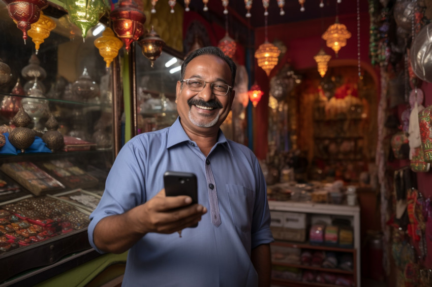 Photo of Indian shopkeeper showing phone to camera