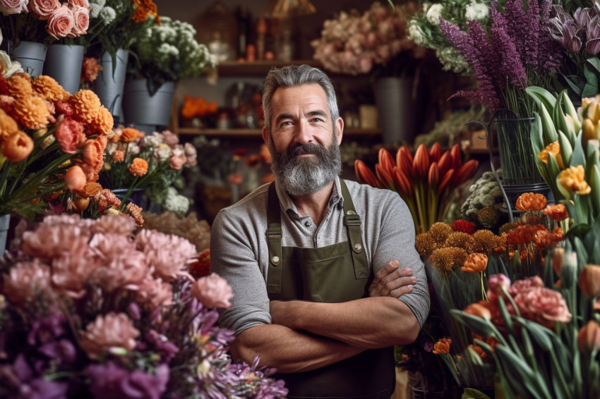 Male florist stands among flowers in flower shop