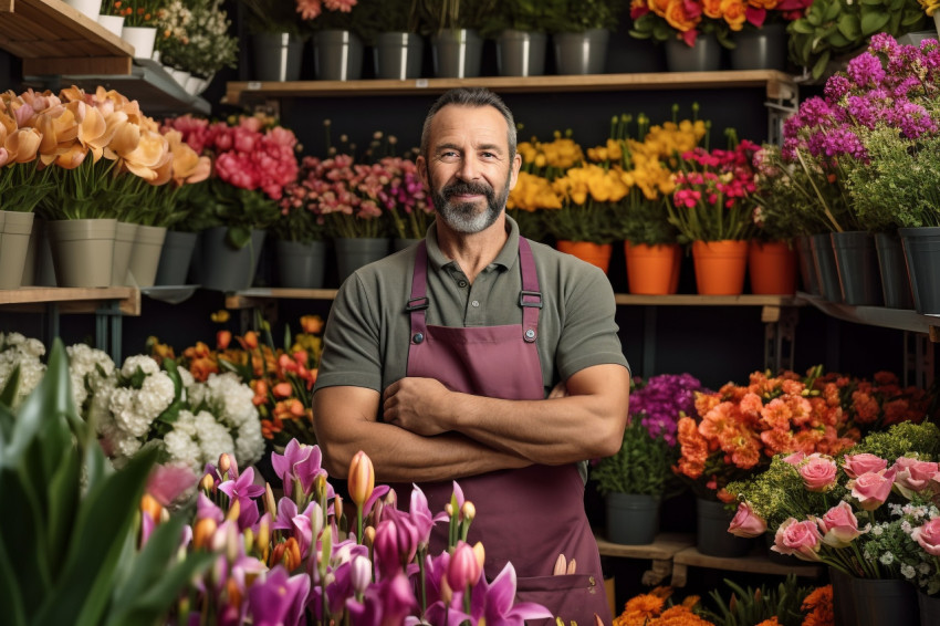 Male florist stands among flowers in flower shop