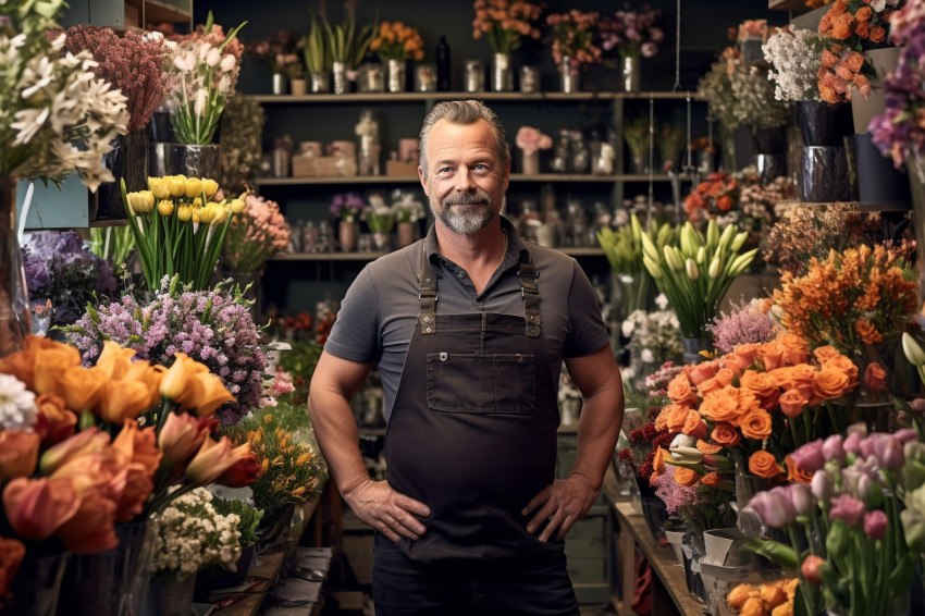 Male florist stands among flowers in flower shop