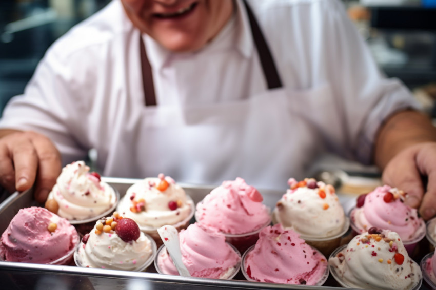 Close up photo of man scooping ice cream