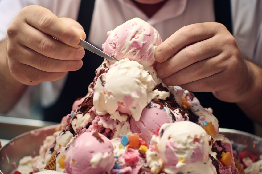 Close up photo of man scooping ice cream