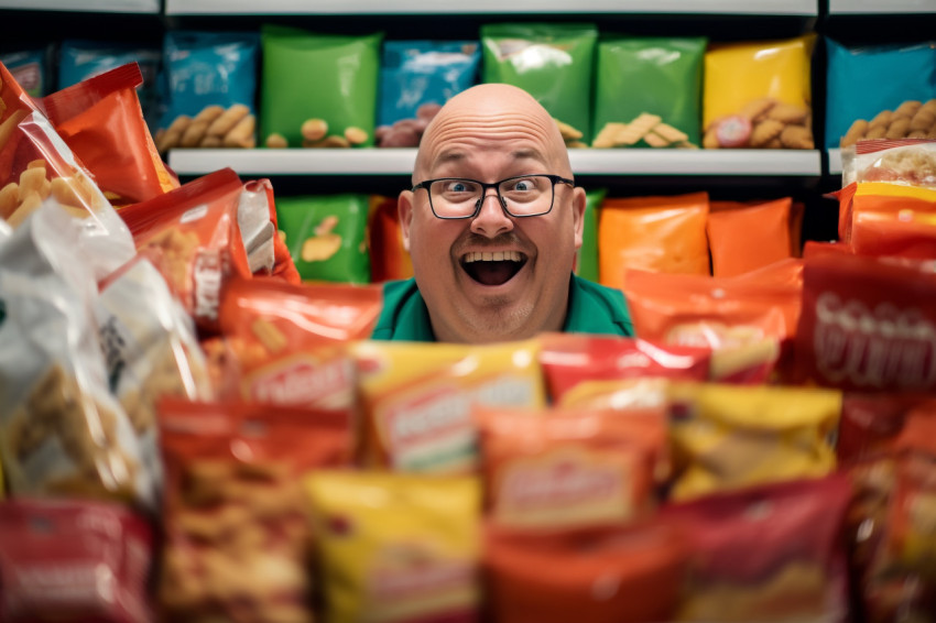 Smiling salesman stocking shelves at grocery store