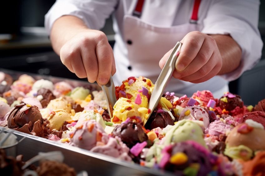 Close up photo of man scooping ice cream