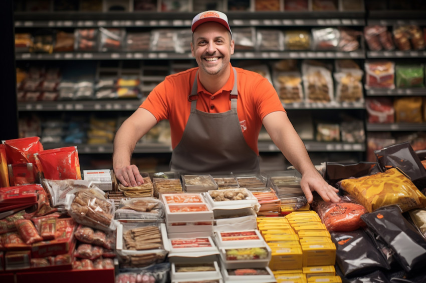 Smiling salesman stocking shelves at grocery store