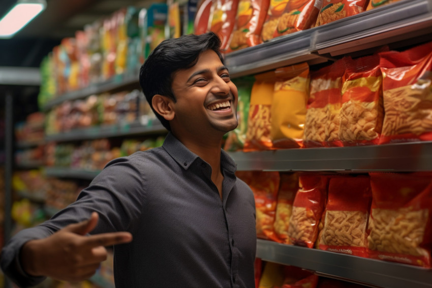 Indian man smiling and pointing to product in grocery store