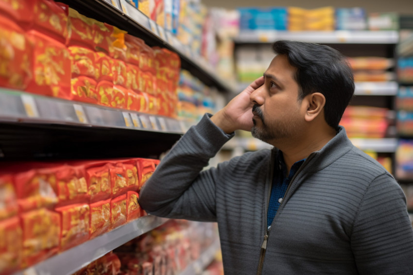 Indian man smiling and pointing to product in grocery store