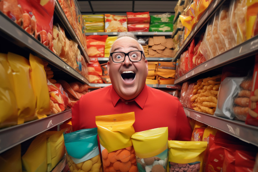 Smiling salesman stocking shelves at grocery store