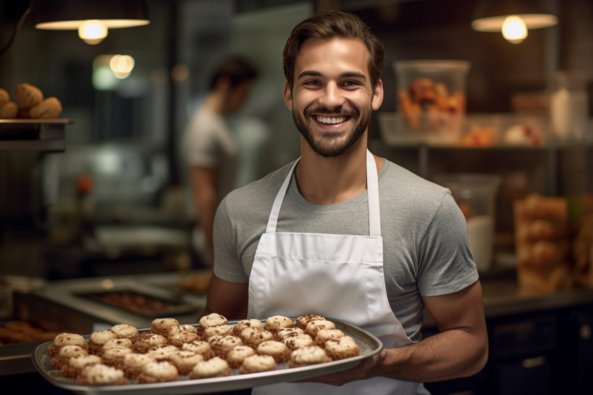 Young baker holding tray of fresh cookies in bakery