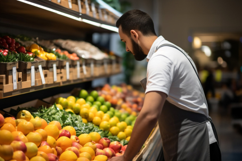 Grocery store worker setting out fruits