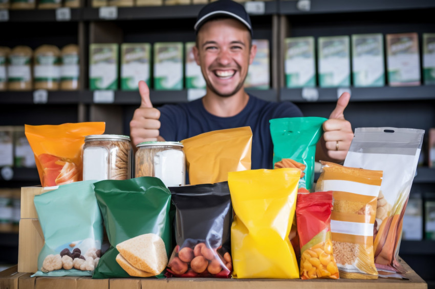 Happy young man gives thumbs up to grocery products