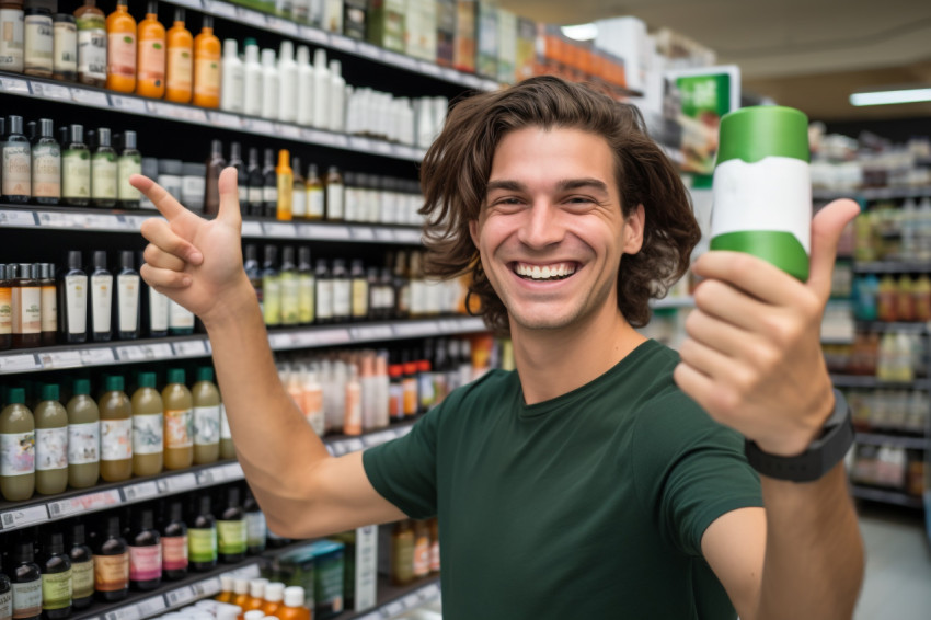 Happy young man gives thumbs up to grocery store products