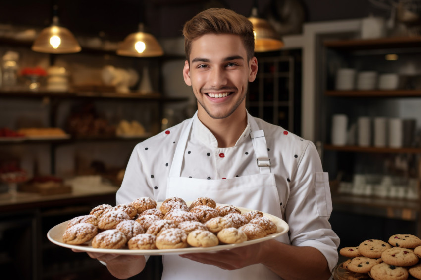 Young baker holding tray of fresh cookies in bakery