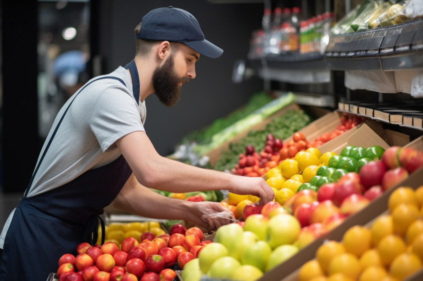 Grocery store worker setting out fruits