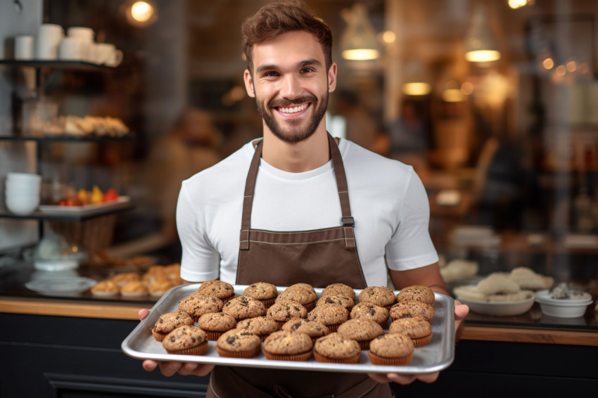 Young baker holding tray of fresh cookies in bakery