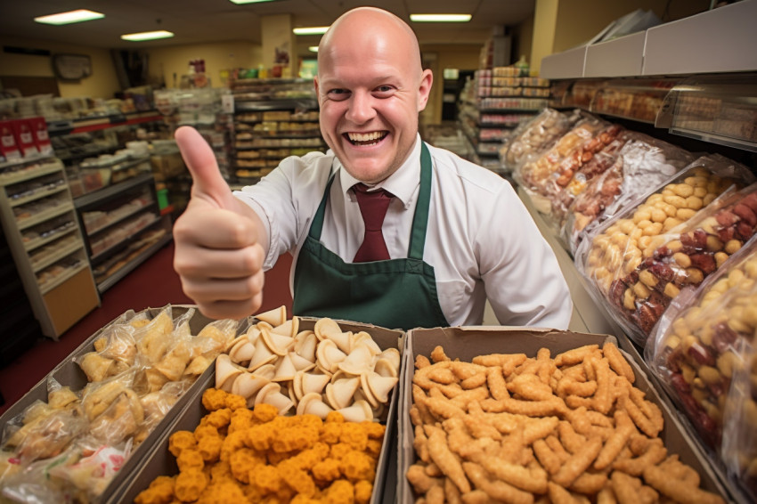 Grocery store salesman gives thumbs up