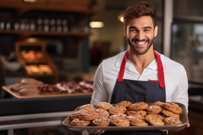 Young baker holding tray of fresh cookies in bakery