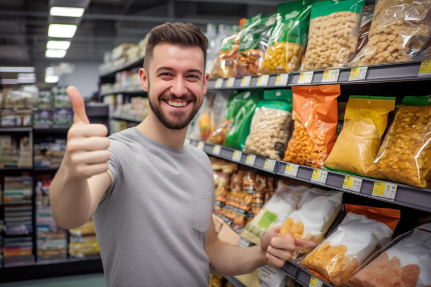 Happy young man gives thumbs up to grocery products