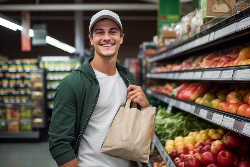 Confident young man with apple and shopping bag in grocery store