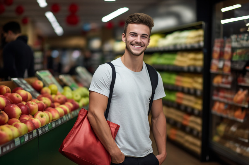 Confident young man with apple and shopping bag in grocery store