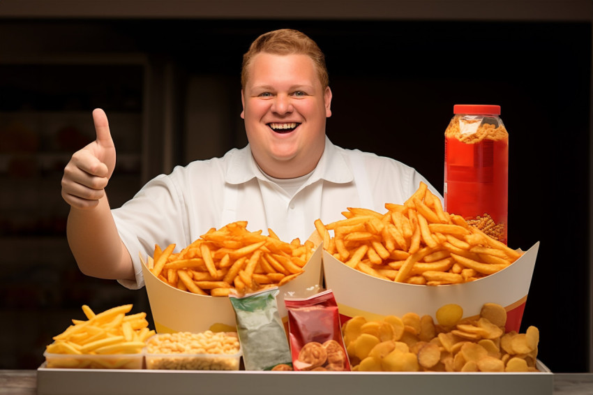 Smiling grocery store salesman giving thumbs up to products