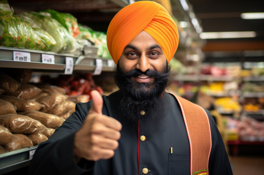 Photo of a Sikh man in a grocery store giving a thumbs up sign