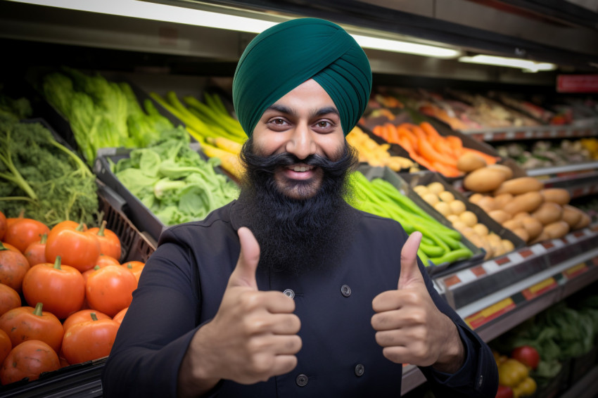 Photo of a Sikh man in a grocery store giving a thumbs up sign