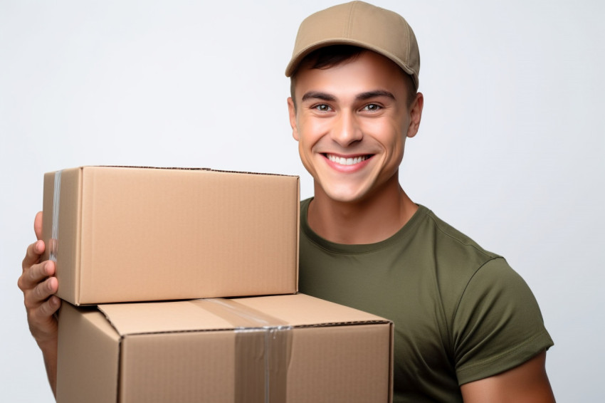 Friendly delivery man with cardboard box