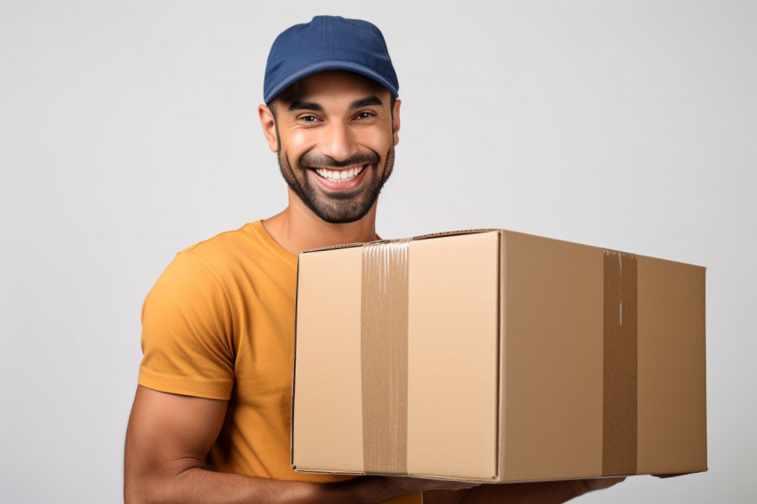 Friendly delivery man with cardboard box