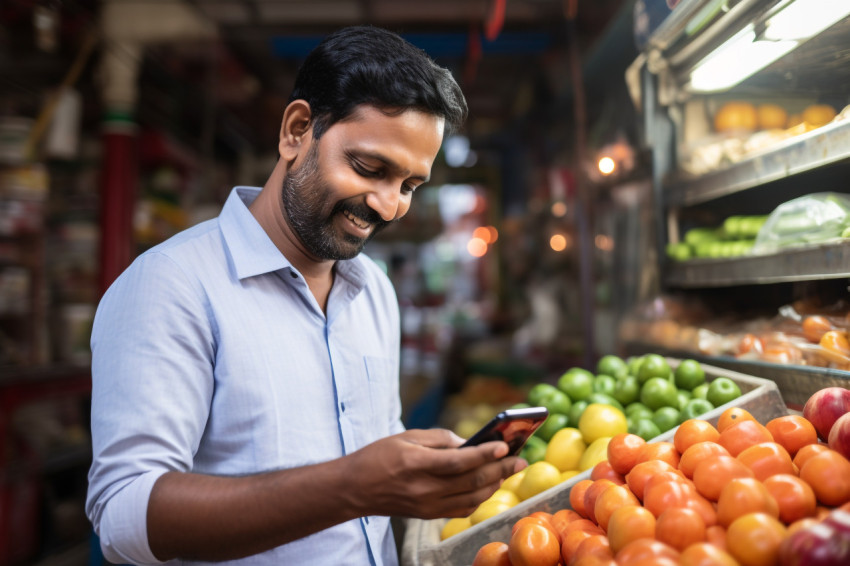 Indian man uses smartphone at grocery store