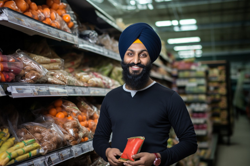 Photo of a Sikh man in a grocery store giving a thumbs up sign