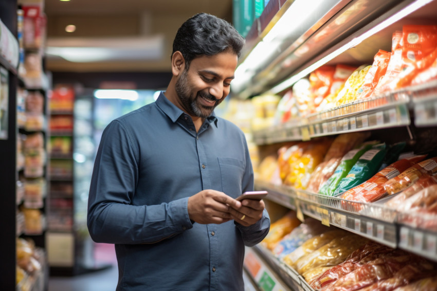 Indian man uses smartphone at grocery store